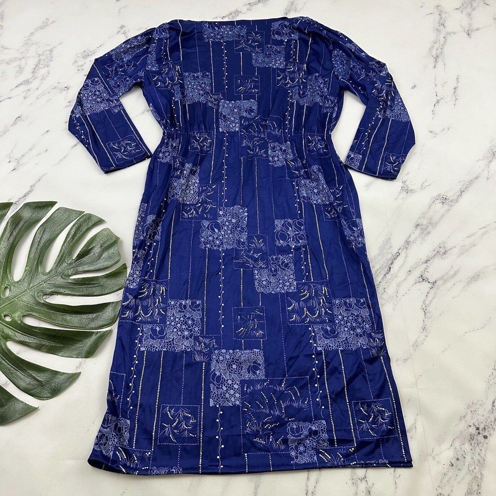Womens Vintage 70s Midi Dress Size L Blue White Block Floral Boat Neck Sheath